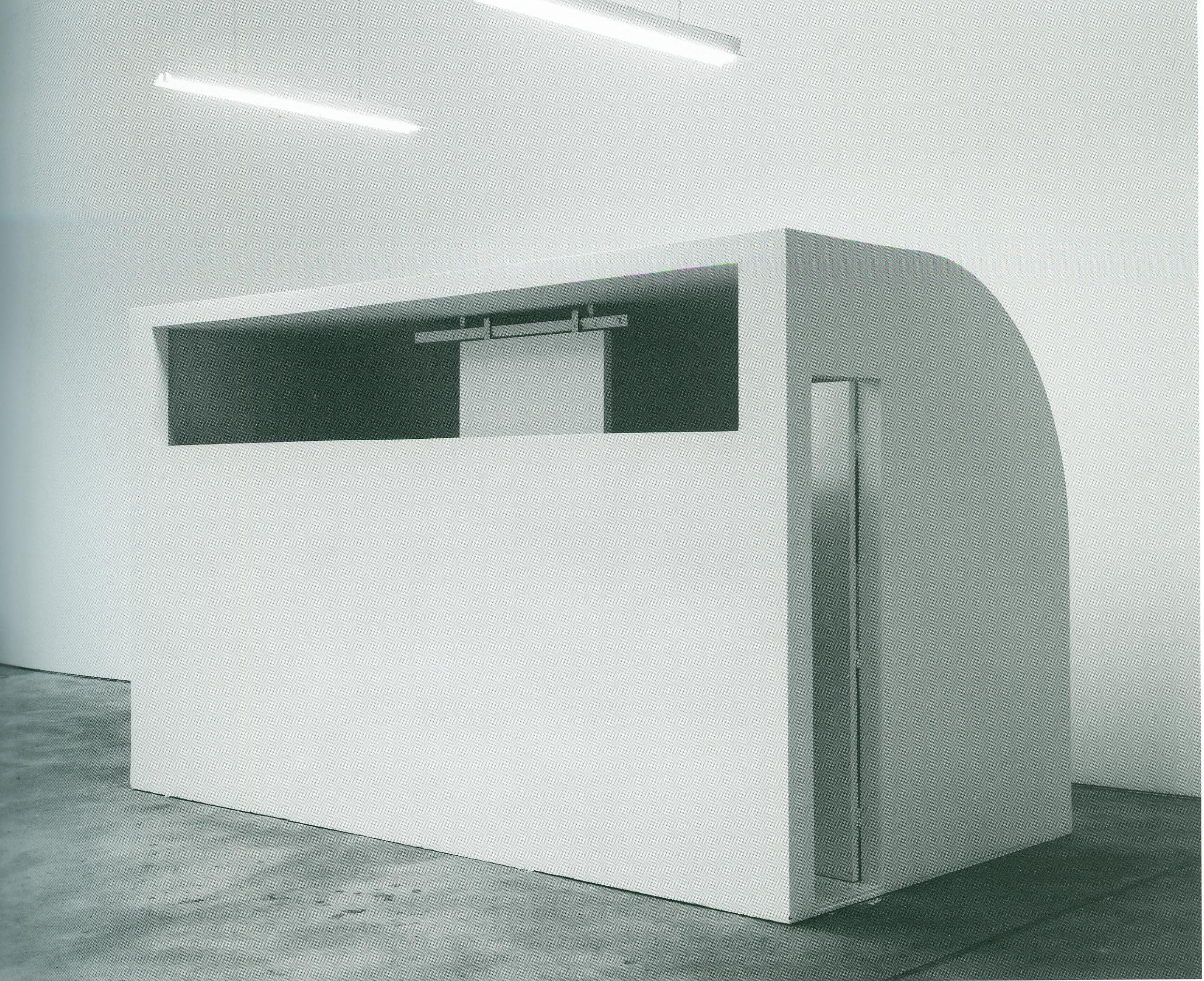Cell No. 4 (Prototype): Tel Aviv, 1992, wood, cardboard, white dispersion paint, fabrics, neon tubes; Collection of Musée d'Art Contemporain, Marseilles
