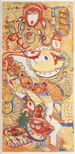 Aloise Corbaz, Nenuphars, mid-20th century, crayon, colored pencil, geranium-flower juice, and thread on machine-wove paper (two-sided side b), Collection American Folk Art Museum, New York, photo by James Prinz