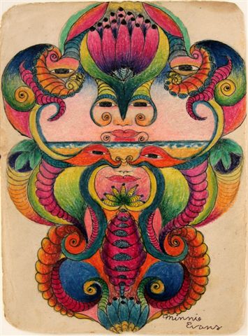 Minnie Evans (1892–1987), Untitled (two faces), ca. 1960, colored crayon, ink, and pencil on paper, Courtesy Luise Ross Gallery, New York