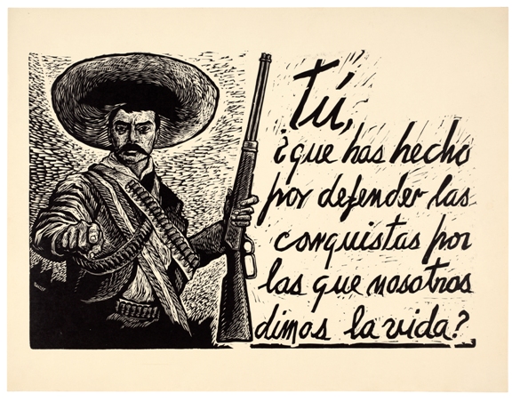 Arturo Garcia Bustos, You, what have you done to defend the conquests for which gave our lives? – Emilio Zapata, 1953, linocut, printed at Taller de Grafica Popular, Gift of Taller de Grafica Popular, Mexico City 1957