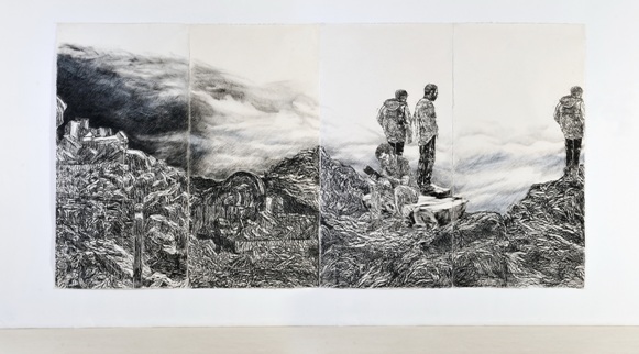 Orit Hofshi, Beacon, 2014, drawing, rubbing, woodcut and dry brush on handmade paper, Collection of the artist
